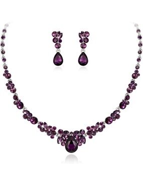 Purple Crystal Teardrop Necklace & Earrings Set - Women Jewelry